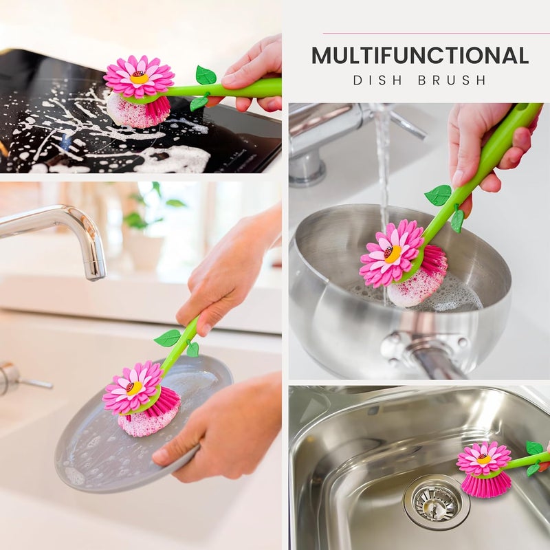 Vigar Flower Power Dish Brush with Handle and Vase Dish Brush Holder, Kitchen Scrub Brush for Pot Scrubber, Dishes, and Sink Cleaning, Pink, Green - Image 5