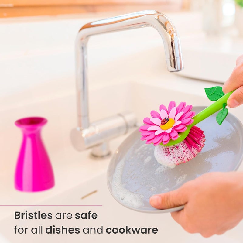Vigar Flower Power Dish Brush with Handle and Vase Dish Brush Holder, Kitchen Scrub Brush for Pot Scrubber, Dishes, and Sink Cleaning, Pink, Green - Image 4