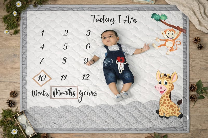 NEW COMERS® Milestone Baby Blanket for All Season, Multiuse Cotton Blanket with Props(Wooden Rings) for Summer/Ac Room/Winter Blankets for Kids/New Born Monthly Photoshoot, TC(80/153) 135x115x2cm| 510 - Image 1