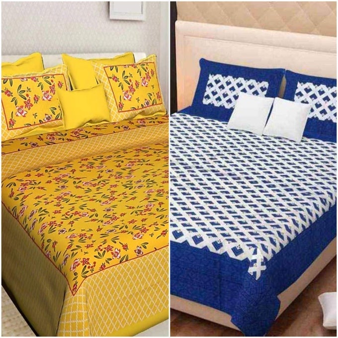 COTTON RAJASTHANI JAIPURI DOUBLE BED BEDSHEET WITH 4 PILLOW COVERS YELLOW KING COMBO SET 2