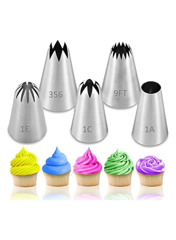 Green Tiger 5 pcs/set Large Piping Set,Stainless Steel Decoration Set Nozzles Tip,Pastry Cake Decorating Baking Tools For Cupcakes Cakes Cookies Decorating(Silver) - Image 1