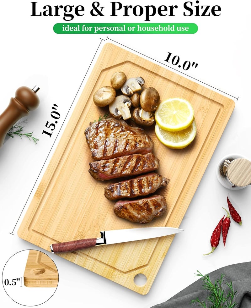 Kitsure Bamboo Cutting Board - Multi-Sizes Wooden Cutting Boards for Kitchen, Convenient Kitchen Essentials with Deep Juice Grooves, Natural Cutting Board for Chopping & Serving, 15.0" x 10.0" - Image 2