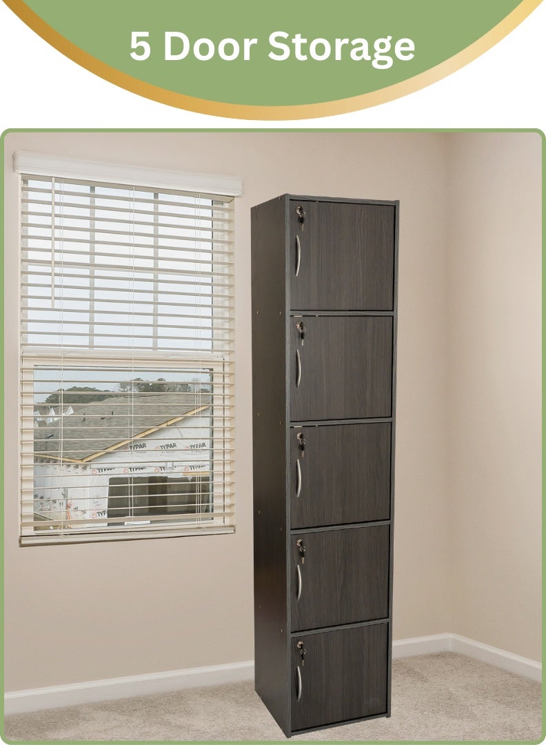 AFT Modern Wooden 5-Tier Storage Cabinet with Lockable Doors – 185 cm Tall Freestanding Organizer with 5 Spacious 35 cm Shelves, 40x40 cm Surface Area, 15 mm Thick Panels – Durable Multipurpose Cupboard for Home, Office, or Bedroom Use – Wenge (Arfan) - Image 3