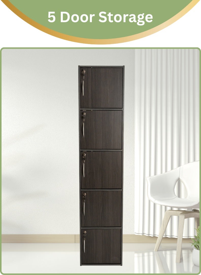 AFT Modern Wooden 5-Tier Storage Cabinet with Lockable Doors – 185 cm Tall Freestanding Organizer with 5 Spacious 35 cm Shelves, 40x40 cm Surface Area, 15 mm Thick Panels – Durable Multipurpose Cupboard for Home, Office, or Bedroom Use – Wenge (Arfan) - Image 2