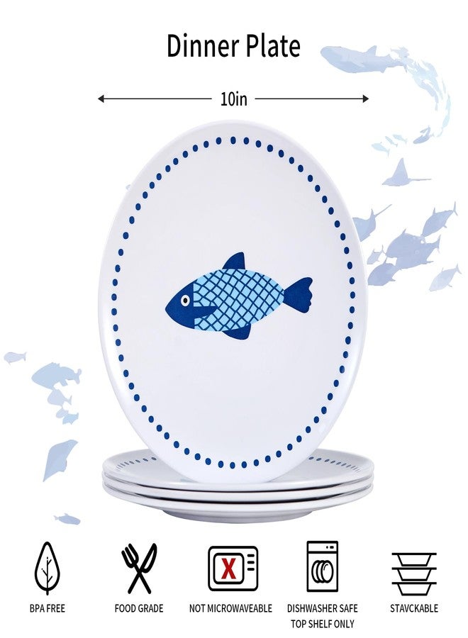Lechoo 10 Inch Melamine Dinner Plates Set of 4 – Lightweight & Break-Resistant Dishes, Coastal Blue Ocean Fish Design, Reusable Plates for Indoor/Outdoor Use, Unbreakable Dessert Plate - Image 2
