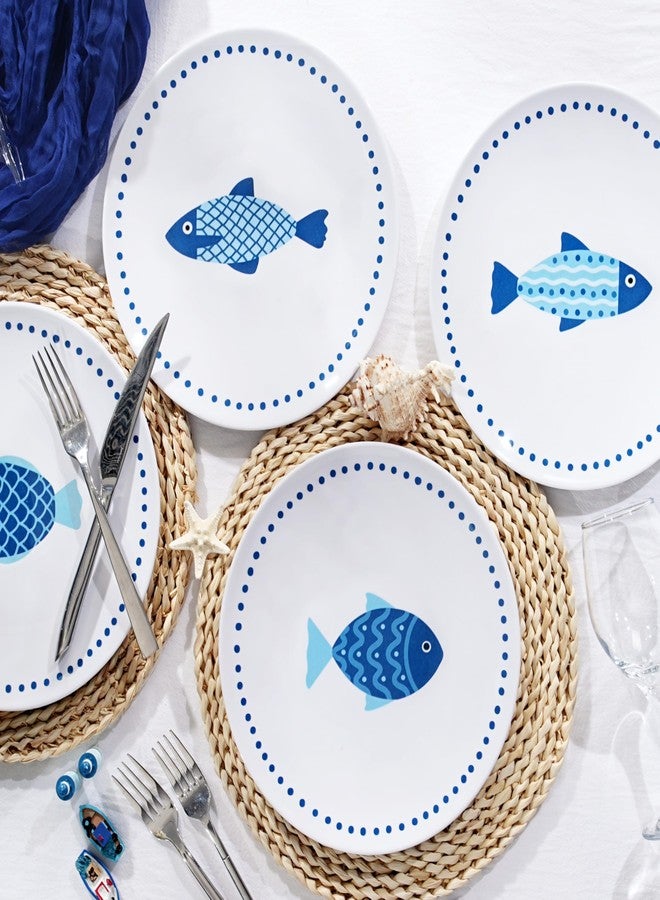 Lechoo 10 Inch Melamine Dinner Plates Set of 4 – Lightweight & Break-Resistant Dishes, Coastal Blue Ocean Fish Design, Reusable Plates for Indoor/Outdoor Use, Unbreakable Dessert Plate - Image 4
