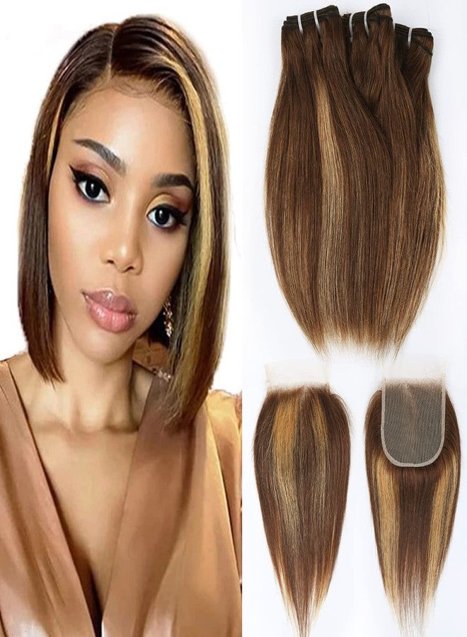 FQ 4/27 Highlight Bundles and Closure Straight P4/27 Human Hair Bundle with Closure(10 10 10+10) Brazilian Ombre Honey Blond Colored Short Bob 50g 3 Bundles with 4x4 Lace Closure - Image 1