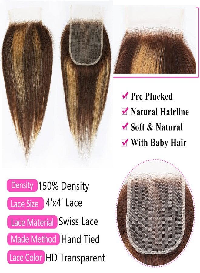 FQ 4/27 Highlight Bundles and Closure Straight P4/27 Human Hair Bundle with Closure(10 10 10+10) Brazilian Ombre Honey Blond Colored Short Bob 50g 3 Bundles with 4x4 Lace Closure - Image 5