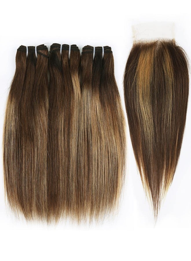 FQ 4/27 Highlight Bundles and Closure Straight P4/27 Human Hair Bundle with Closure(10 10 10+10) Brazilian Ombre Honey Blond Colored Short Bob 50g 3 Bundles with 4x4 Lace Closure - Image 3