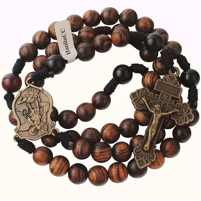 HanlinCC 10mm Handmade Solid Wood Beads with Agate Stone Our Father Beads Catholic Rosary Necklace for Men with St.Michael Center Piece and Pardon Crucifix (Anti-Bronze St.Michael Rosary) - Image 5
