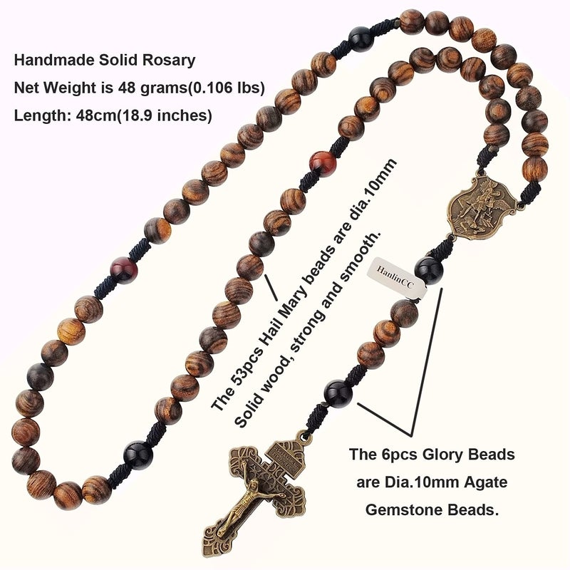 HanlinCC 10mm Handmade Solid Wood Beads with Agate Stone Our Father Beads Catholic Rosary Necklace for Men with St.Michael Center Piece and Pardon Crucifix (Anti-Bronze St.Michael Rosary) - Image 2