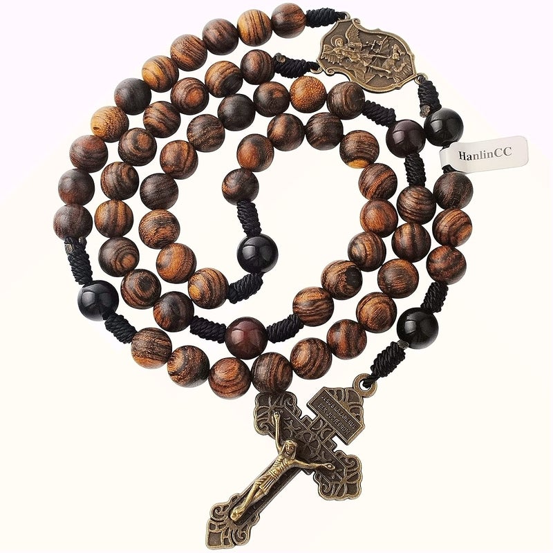 HanlinCC 10mm Handmade Solid Wood Beads with Agate Stone Our Father Beads Catholic Rosary Necklace for Men with St.Michael Center Piece and Pardon Crucifix (Anti-Bronze St.Michael Rosary) - Image 3