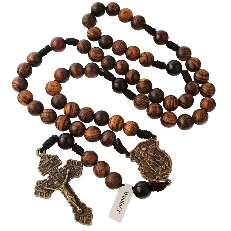HanlinCC 10mm Handmade Solid Wood Beads with Agate Stone Our Father Beads Catholic Rosary Necklace for Men with St.Michael Center Piece and Pardon Crucifix (Anti-Bronze St.Michael Rosary) - Image 1