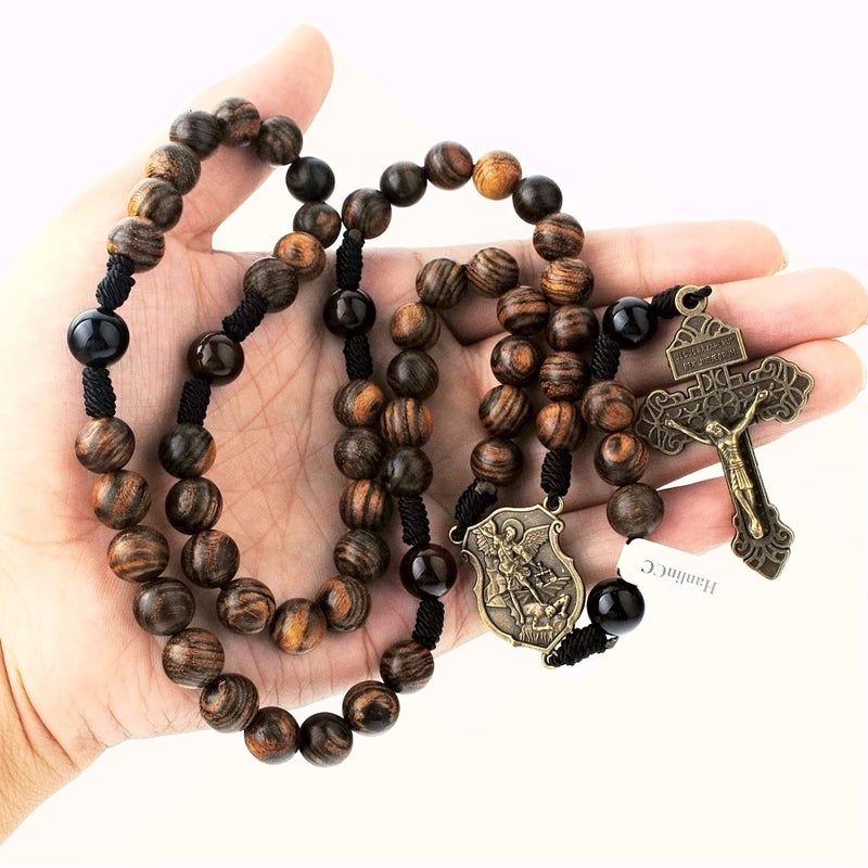 HanlinCC 10mm Handmade Solid Wood Beads with Agate Stone Our Father Beads Catholic Rosary Necklace for Men with St.Michael Center Piece and Pardon Crucifix (Anti-Bronze St.Michael Rosary) - Image 4