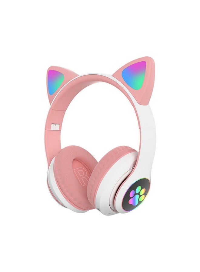سماعات رأس موسيقية فوق الأذن بتصميم أذني قطة مضيئة باللون الوردي - Image 1