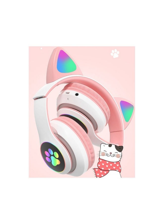 سماعات رأس موسيقية فوق الأذن بتصميم أذني قطة مضيئة باللون الوردي - Image 2