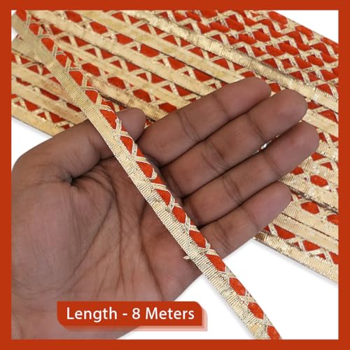 Embroiderymaterial تطريز مواد الدانتيل والحدود مادة غوتا باتي الدانتيل الذهبي لحافة الساري والفساتين والدوبتا والبلوزة والكورتا والتطريز والخياطة (برتقالي وذهبي، 8 أمتار، 12 مم عرض) - Image 4