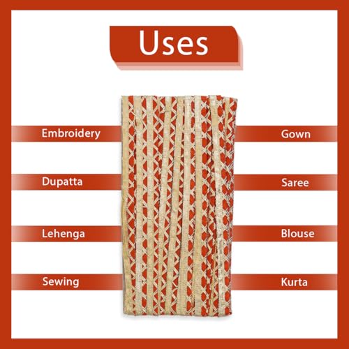 Embroiderymaterial تطريز مواد الدانتيل والحدود مادة غوتا باتي الدانتيل الذهبي لحافة الساري والفساتين والدوبتا والبلوزة والكورتا والتطريز والخياطة (برتقالي وذهبي، 8 أمتار، 12 مم عرض) - Image 5
