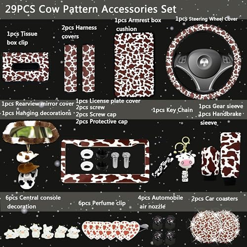 JINGSEN 29 PCS Cow Pattern Car Accessories,Including Dashboard Decoration,Rearview Mirror Decoration,Etc,Suitable for Sedans,SUVS and Other Models,Cute Car Interior Sets Suitable for Women (Brown) - Image 2