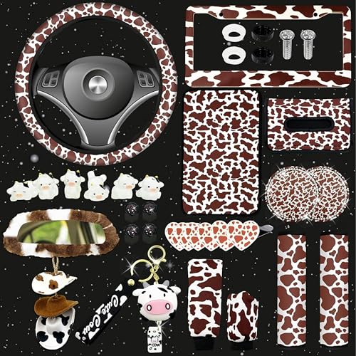 JINGSEN 29 PCS Cow Pattern Car Accessories,Including Dashboard Decoration,Rearview Mirror Decoration,Etc,Suitable for Sedans,SUVS and Other Models,Cute Car Interior Sets Suitable for Women (Brown) - Image 1