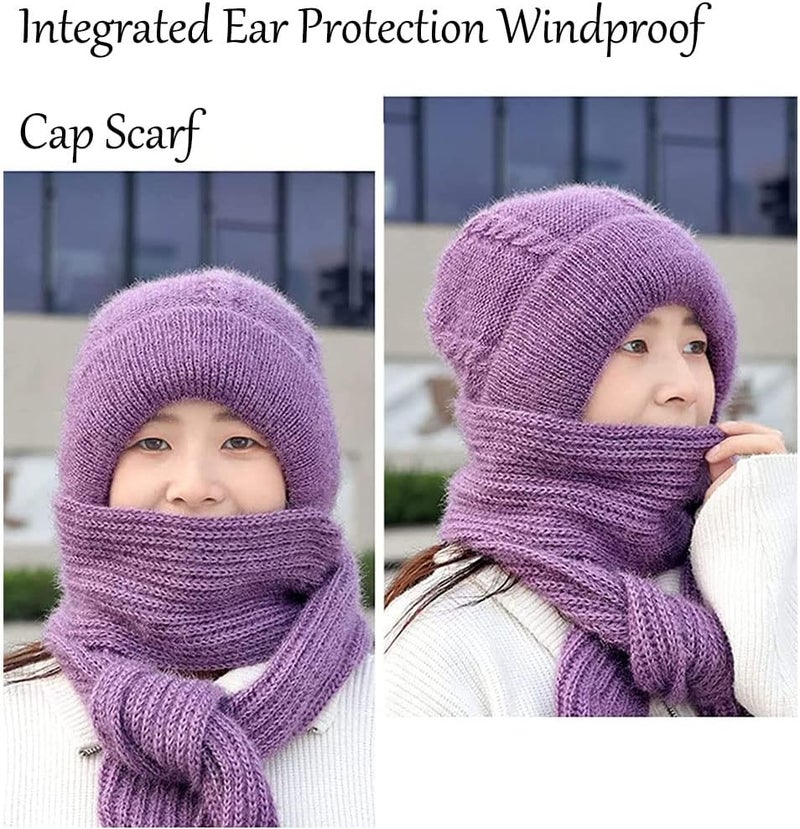 klarako Integrated Ear Protection Windproof Cap Scarf, Knitting Thickening Hat Scarf, Winter Warm Anticold Knitted One-Piece Scarf Cap (Khaki) - Image 2