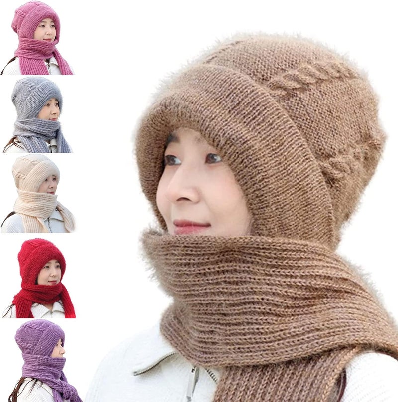 klarako Integrated Ear Protection Windproof Cap Scarf, Knitting Thickening Hat Scarf, Winter Warm Anticold Knitted One-Piece Scarf Cap (Khaki) - Image 1