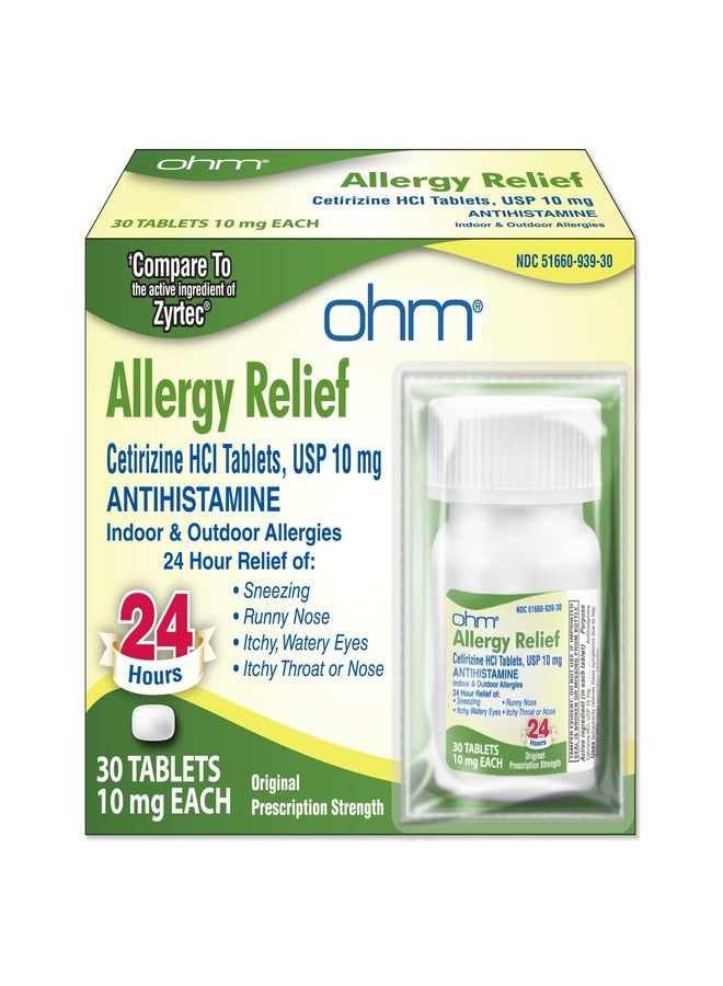 Ohm Cetirizine 10 mg Tablet - All Day Allergy Relief - 30 Count - Anti-Histamine for Hay Fever, Pollen, Dry Itchy Eyes - Effective Relief from All Day Allergies - Image 1