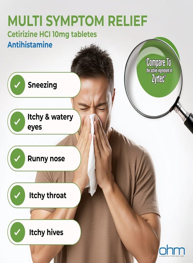 Ohm Cetirizine 10 mg Tablet - All Day Allergy Relief - 30 Count - Anti-Histamine for Hay Fever, Pollen, Dry Itchy Eyes - Effective Relief from All Day Allergies - Image 3