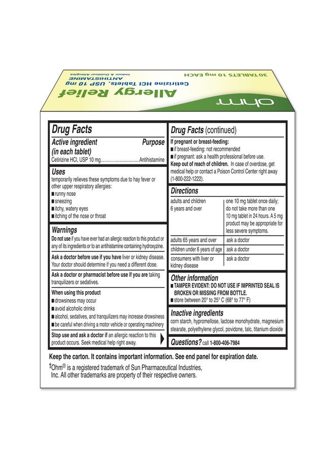 Ohm Cetirizine 10 mg Tablet - All Day Allergy Relief - 30 Count - Anti-Histamine for Hay Fever, Pollen, Dry Itchy Eyes - Effective Relief from All Day Allergies - Image 5