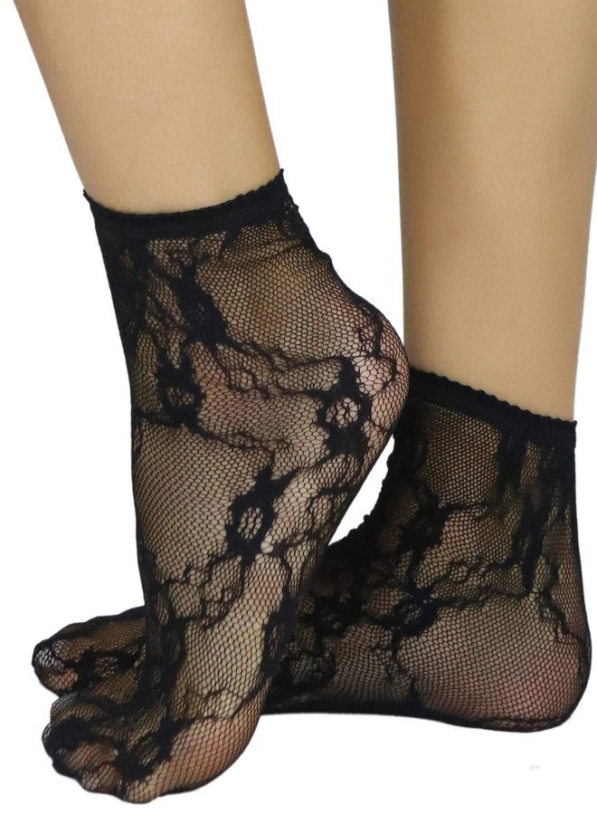 جوارب نسائية أنيقة من ToBeInStyle، مزينة بكشكشة وحواف شفافة، تصل إلى الكاحل، مصنوعة من الدانتيل الزهري - أسود - Image 3