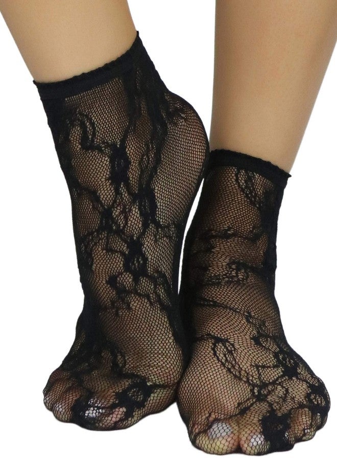 جوارب نسائية أنيقة من ToBeInStyle، مزينة بكشكشة وحواف شفافة، تصل إلى الكاحل، مصنوعة من الدانتيل الزهري - أسود - Image 1