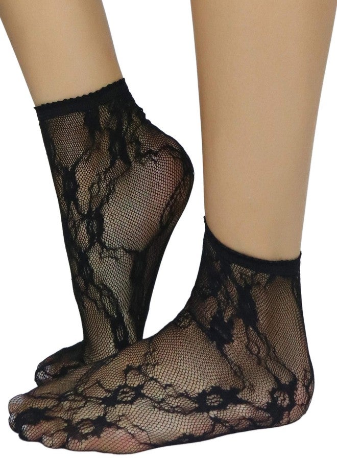 جوارب نسائية أنيقة من ToBeInStyle، مزينة بكشكشة وحواف شفافة، تصل إلى الكاحل، مصنوعة من الدانتيل الزهري - أسود - Image 5