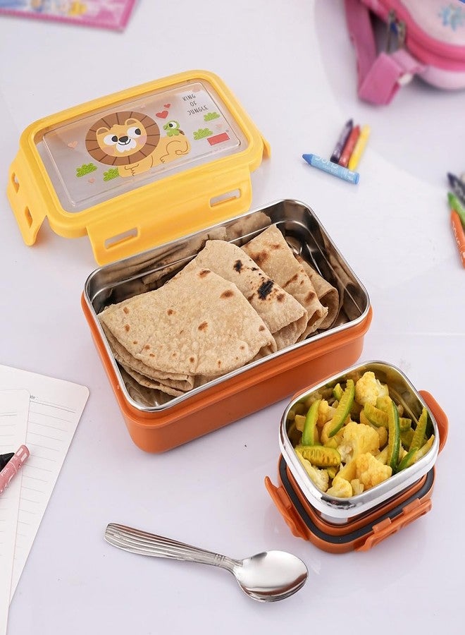 Zerya Hot-Mate Big Stainless Steel Leak-Proof 2 Container Lunch Box with Transparent Lid & Steel Spoon Lunch Box for School Kids,BPA Free Lunch Box (650ML) (Yellow)