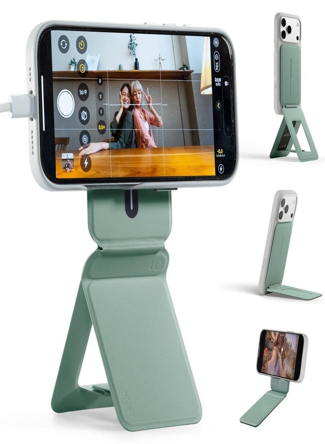 MOFT Phone Stand, Magnetic Phone Tripod Stand Stain-Resistant MOVAS Leather & Angle Adjustment & Strong Magnets Tripod for iPhone 17/16/15/14/13/12 (Included Metal Ring)-Seafoam - Image 1