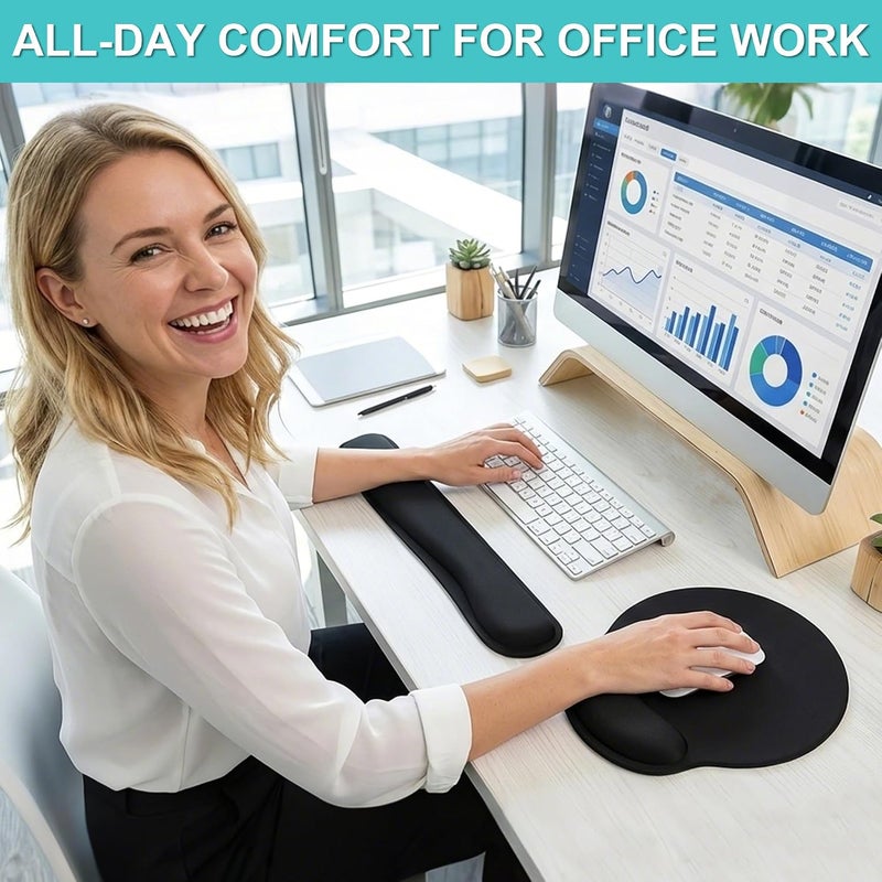 TONOS Ergonomic Mouse Pad and Keyboard Wrist Rest Set - Memory Foam Support for Comfortable Typing - Classic Black - Image 2