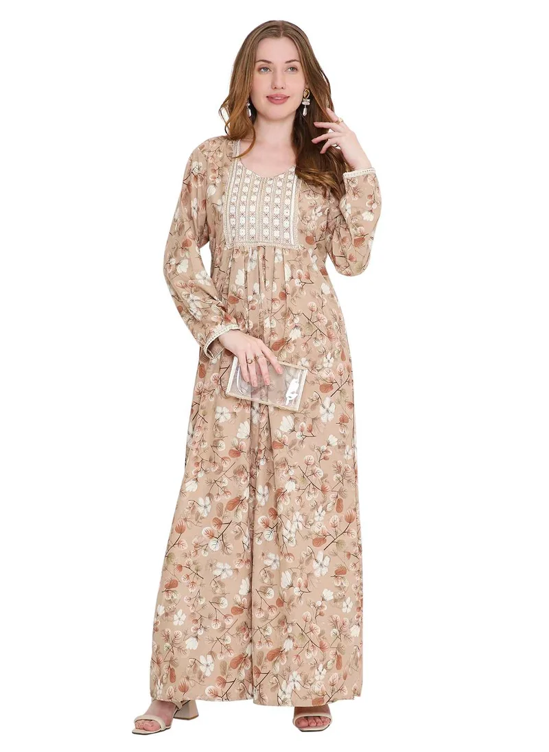 هانا آند سارا classic long viscose printed farasha with elegant thread embroidery arabic kaftan jalabiya dress