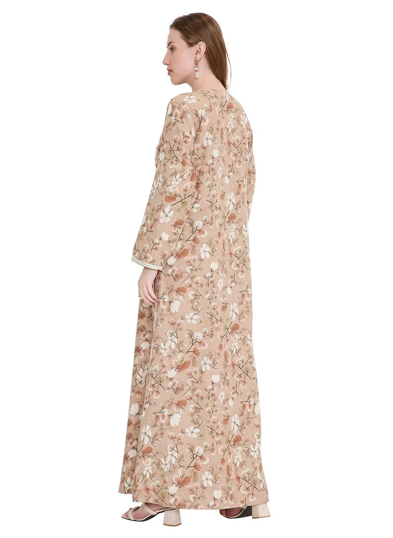 هانا آند سارا classic long viscose printed farasha with elegant thread embroidery arabic kaftan jalabiya dress