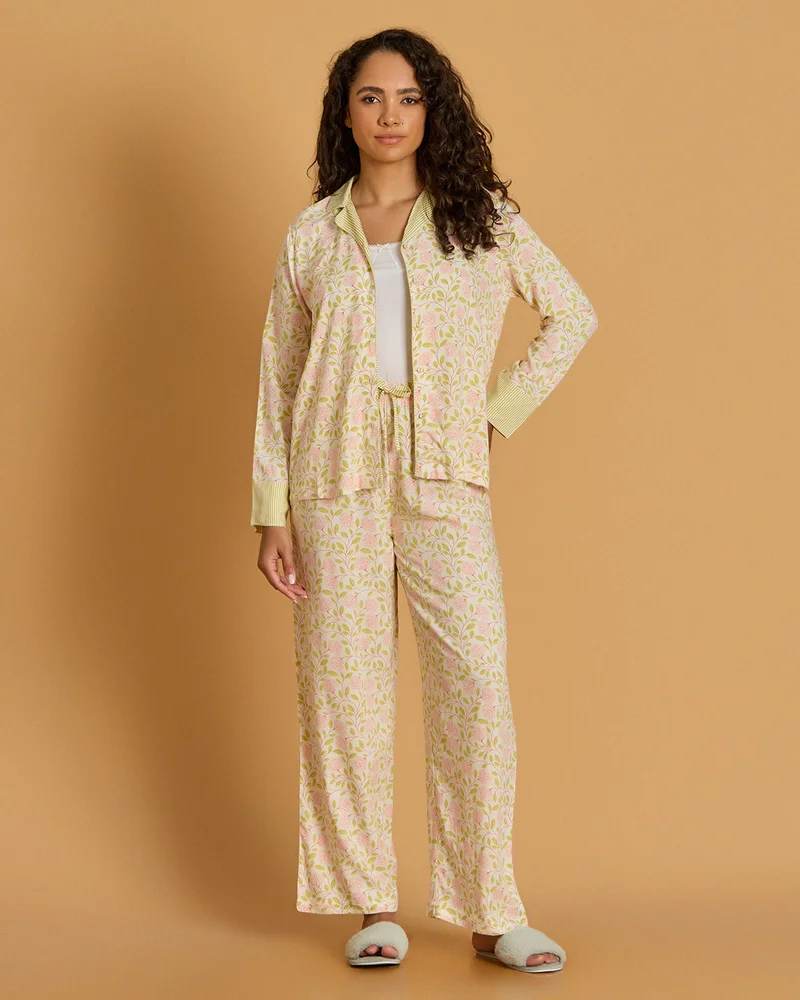 Redtag Women Cream And Yellow Printed Pyjama Set