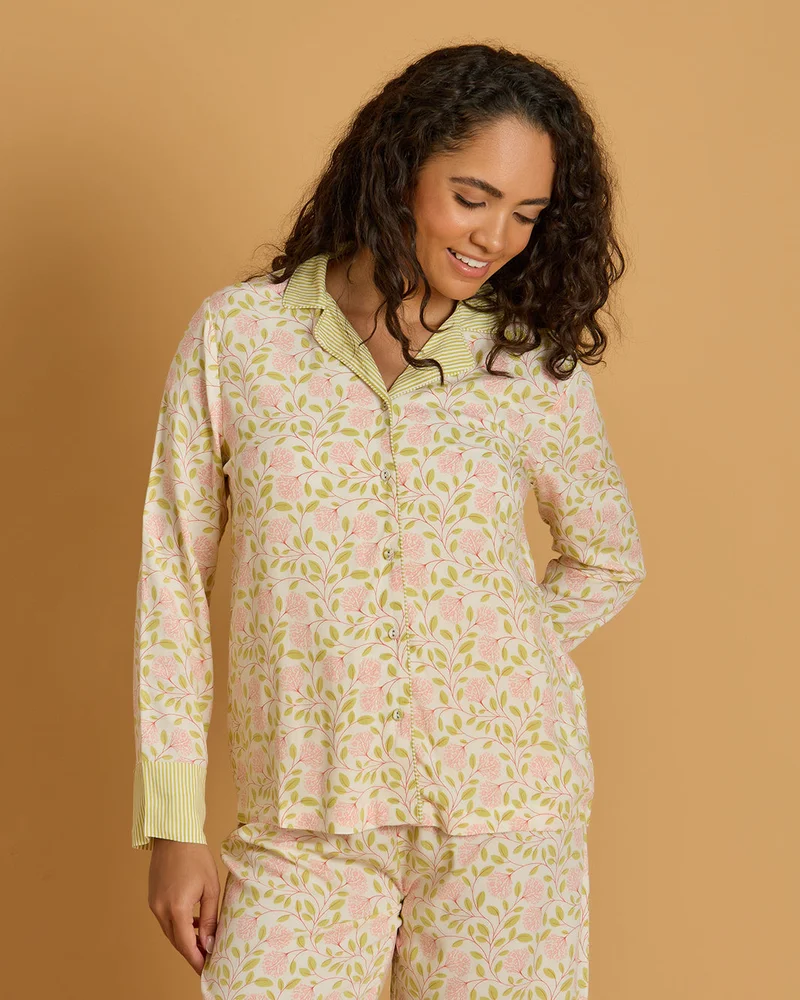 Redtag Women Cream And Yellow Printed Pyjama Set
