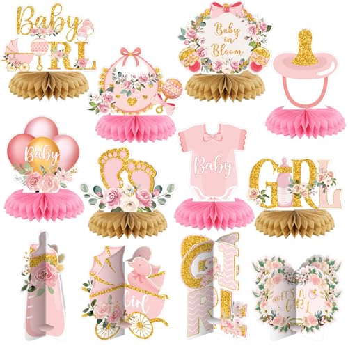Pickmesh 12 Pieces Pink Gold Girls Baby Shower Decorations Honeycomb Centerpieces Pink Flower Bottles Balloons Carriages Baby Shower Table Decorations Table Topper for Gender Reveal Party Supplies - Image 1