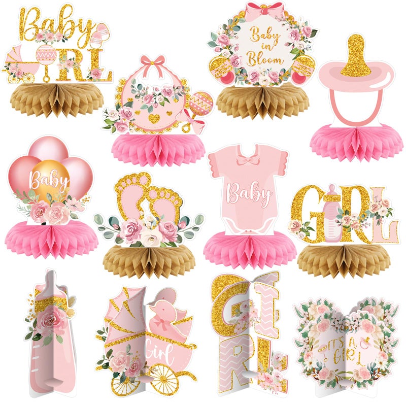 Pickmesh 12 Pieces Pink Gold Girls Baby Shower Decorations Honeycomb Centerpieces Pink Flower Bottles Balloons Carriages Baby Shower Table Decorations Table Topper for Gender Reveal Party Supplies - Image 3