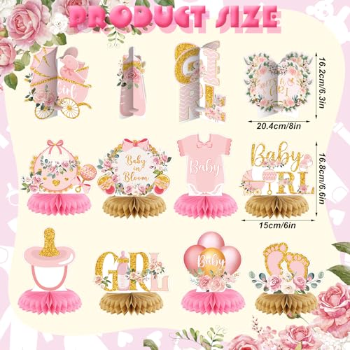 Pickmesh 12 Pieces Pink Gold Girls Baby Shower Decorations Honeycomb Centerpieces Pink Flower Bottles Balloons Carriages Baby Shower Table Decorations Table Topper for Gender Reveal Party Supplies - Image 5