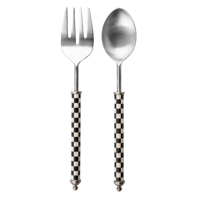 MACKENZIECHILDS SUPPER CLUB SALAD SERVING SET FORK AND SPOON SALAD SERVERS DECORATIVE KITCHEN SERVING UTENSILS BLACKANDWHITE COURTLY CHECK
