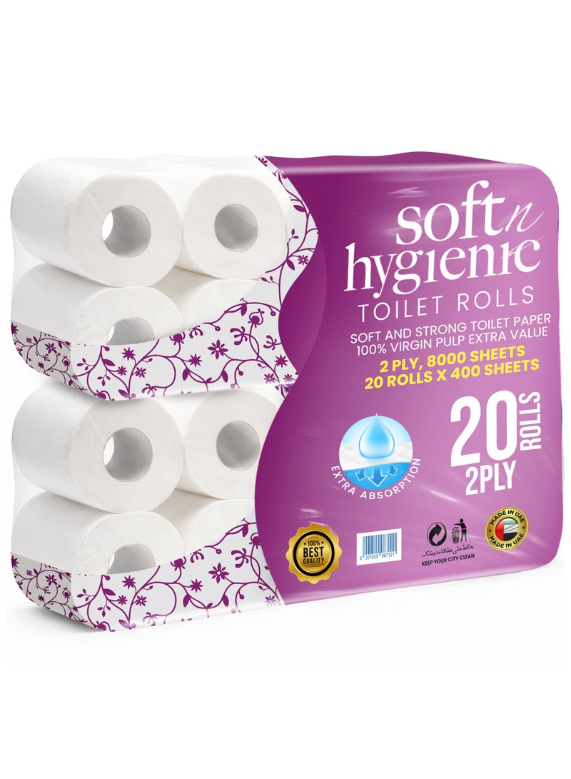 SNH Packing Soft N Hygienic Toilet Paper Tissue Roll Pack of 20, Embossed, 400 Sheets x 2 Ply - Image 1