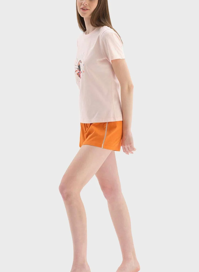 dagi Crew Neck Graphic T-Shirt & Pyjama Shorts Set