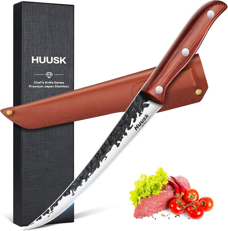 Huusk Fillet Knife for Meat Hand Forged Boning Knives 7 Inch Fish Filet Brisket Trimming Knife with Leather Sheath Japanese Butcher Knife for Fish Chincken Gift for Dad - Image 1