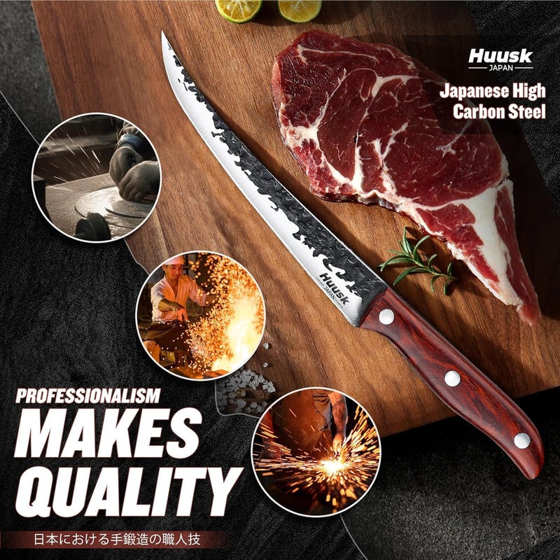 Huusk Fillet Knife for Meat Hand Forged Boning Knives 7 Inch Fish Filet Brisket Trimming Knife with Leather Sheath Japanese Butcher Knife for Fish Chincken Gift for Dad - Image 3
