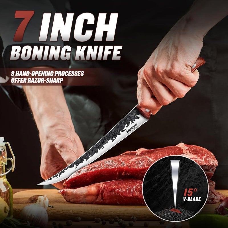 Huusk Fillet Knife for Meat Hand Forged Boning Knives 7 Inch Fish Filet Brisket Trimming Knife with Leather Sheath Japanese Butcher Knife for Fish Chincken Gift for Dad - Image 2