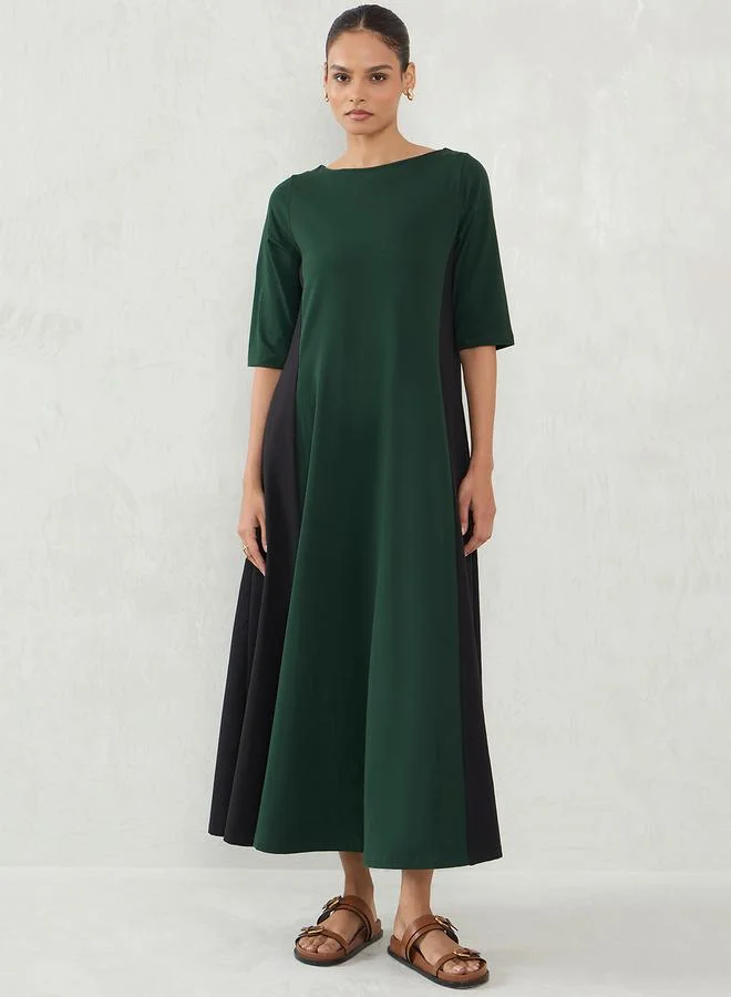 Femmella Femmella Green Color Block Knit Boat Neck A-Line Midi Dress