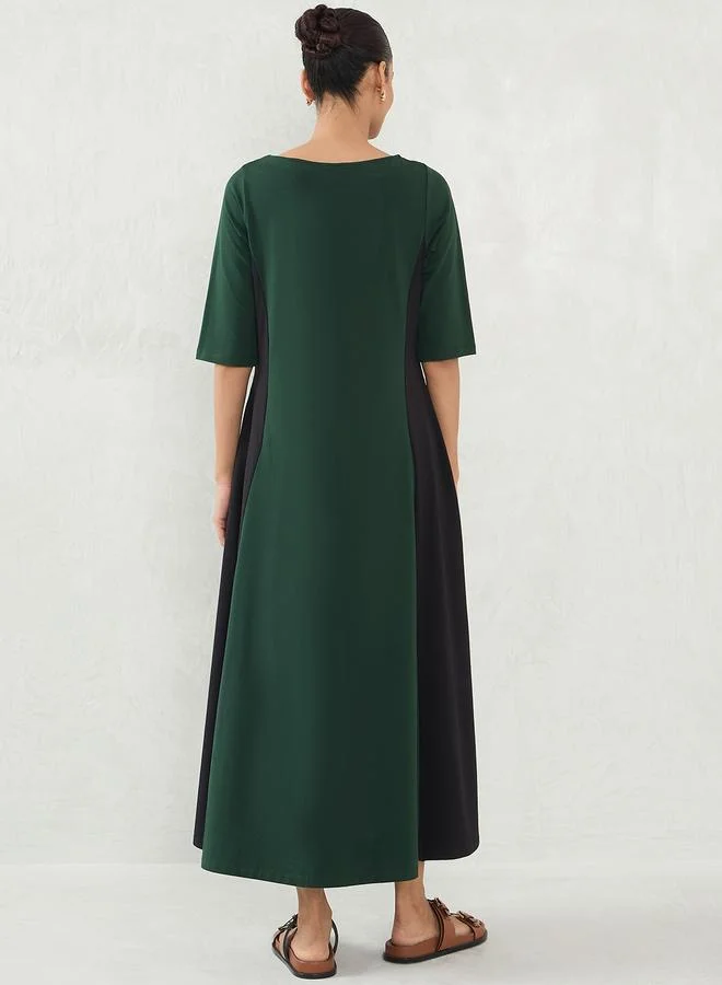 Femmella Femmella Green Color Block Knit Boat Neck A-Line Midi Dress